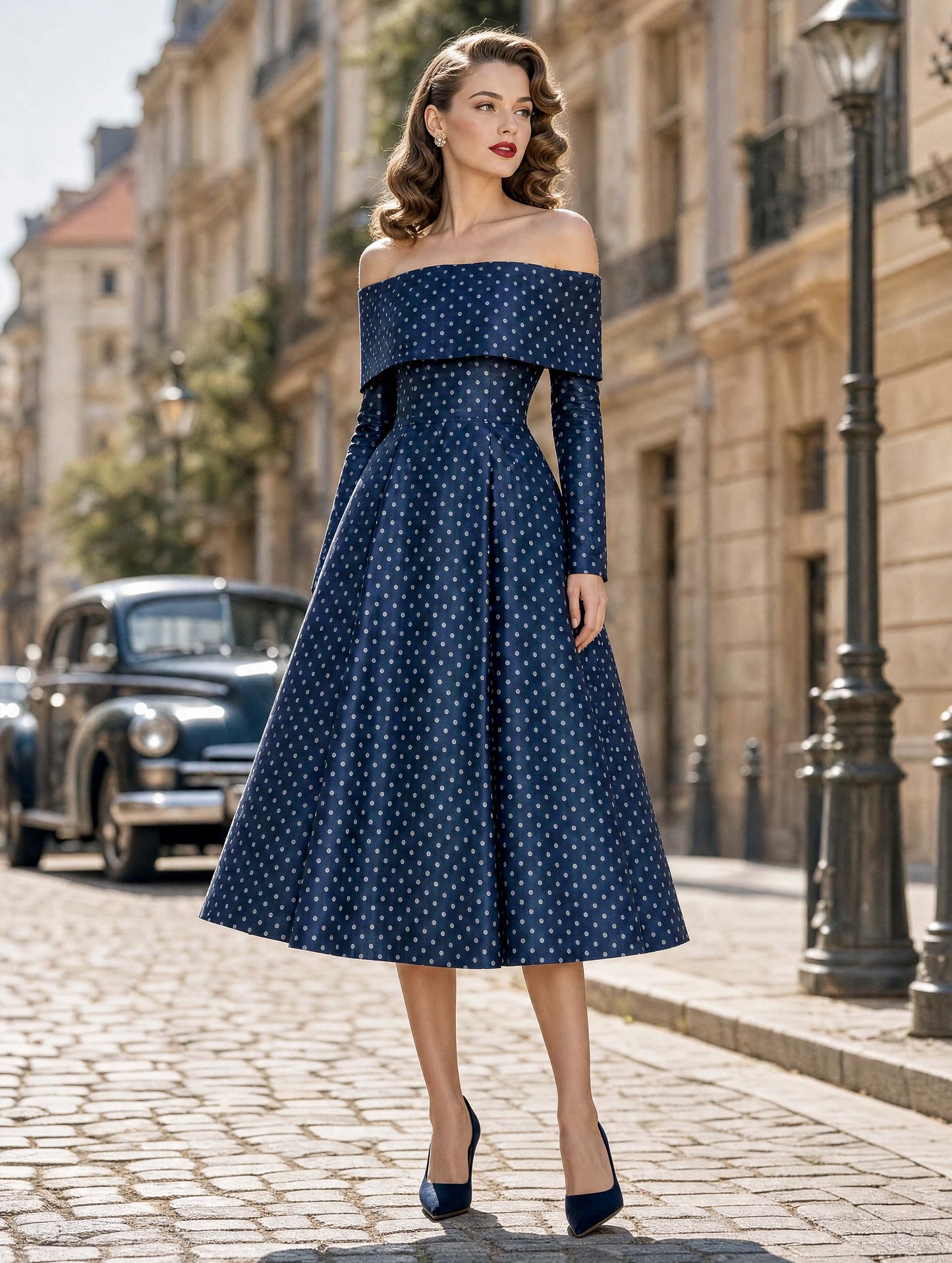 Navy Polka Dot Off‑Shoulder Satin Swing Midi Dress