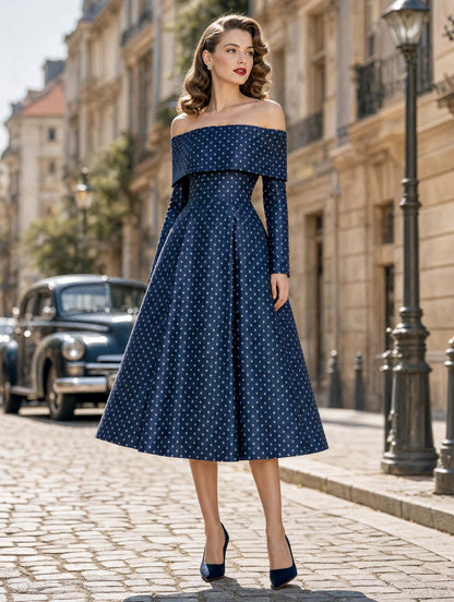 Navy Polka Dot Off‑Shoulder Satin Swing Midi Dress