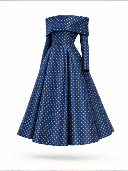Navy Polka Dot Off‑Shoulder Satin Swing Midi Dress