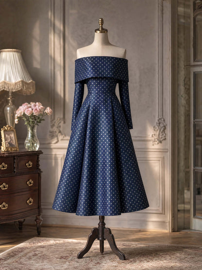 Navy Polka Dot Off‑Shoulder Satin Swing Midi Dress