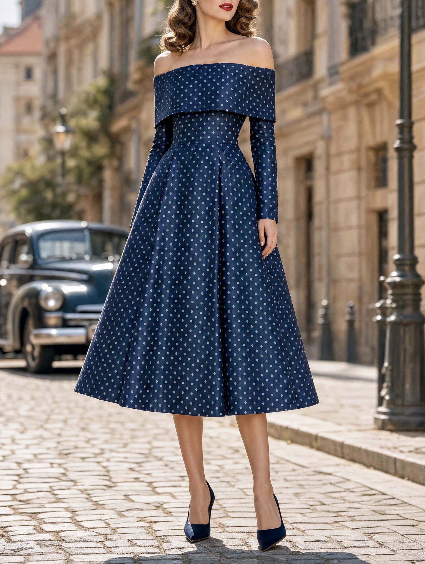 Navy Polka Dot Off‑Shoulder Satin Swing Midi Dress