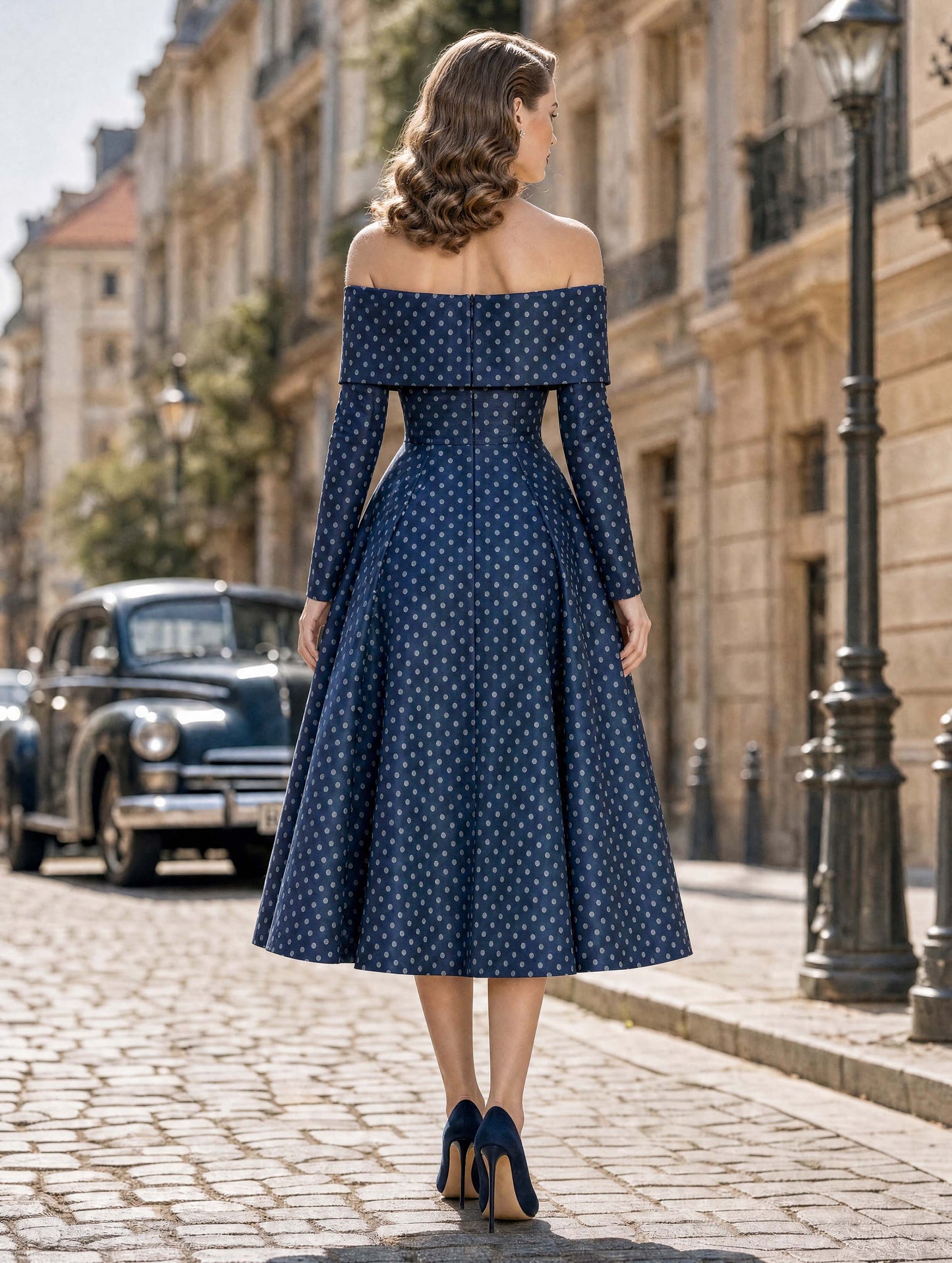 Navy Polka Dot Off‑Shoulder Satin Swing Midi Dress