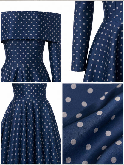 Navy Polka Dot Off‑Shoulder Satin Swing Midi Dress