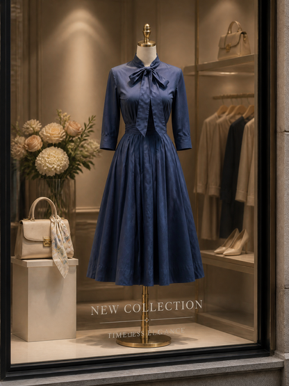 Vintage Navy Blue Bow-Tie Neck Midi Dress