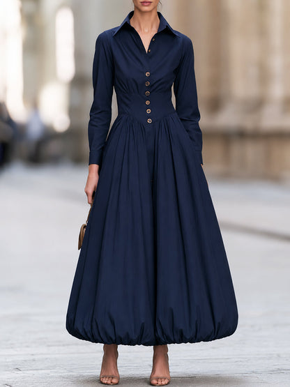 Navy Button Front Long Sleeve A-Line Midi Dress