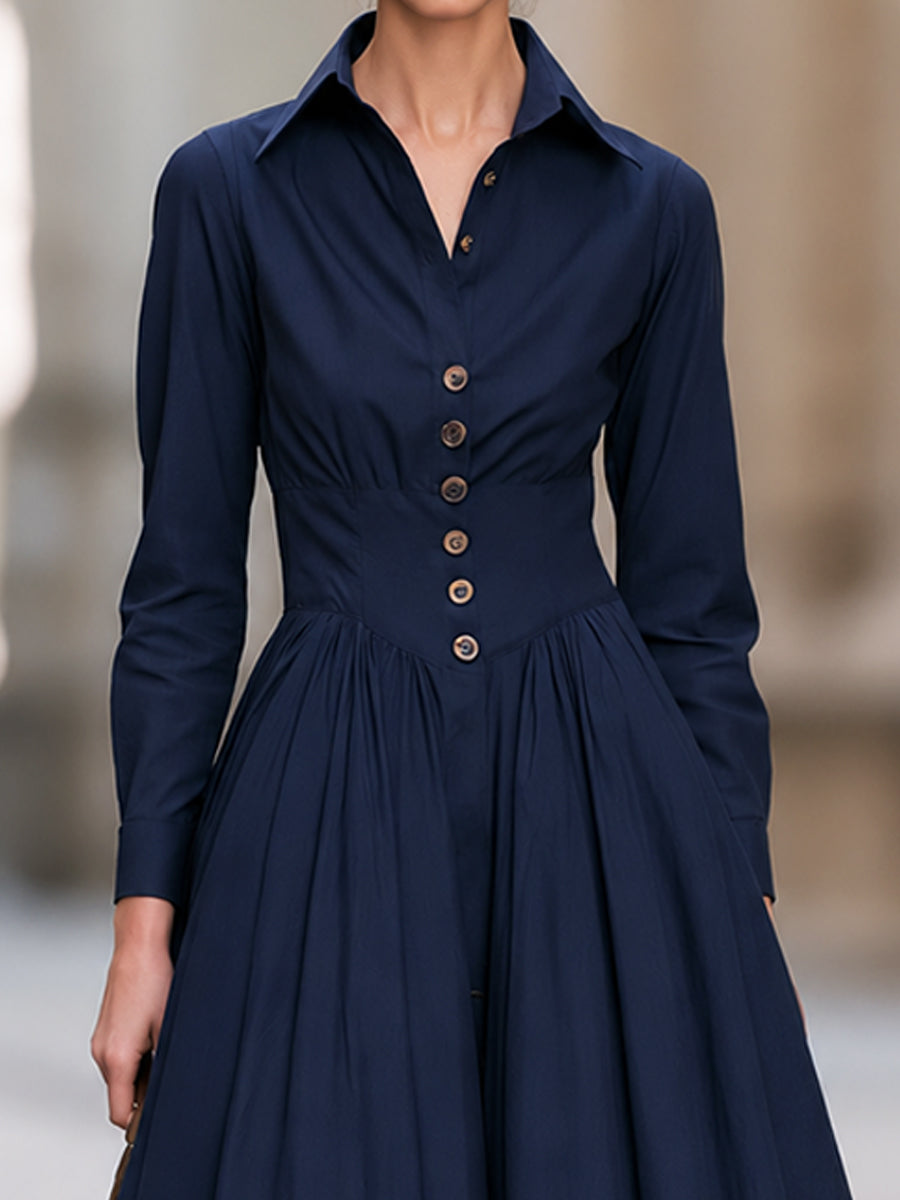 Navy Button Front Long Sleeve A-Line Midi Dress