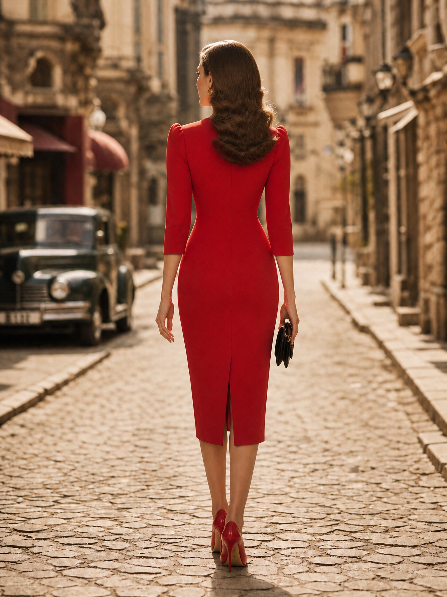 Vintage Red Horsebit-Waist Bodycon Pencil Midi Dress