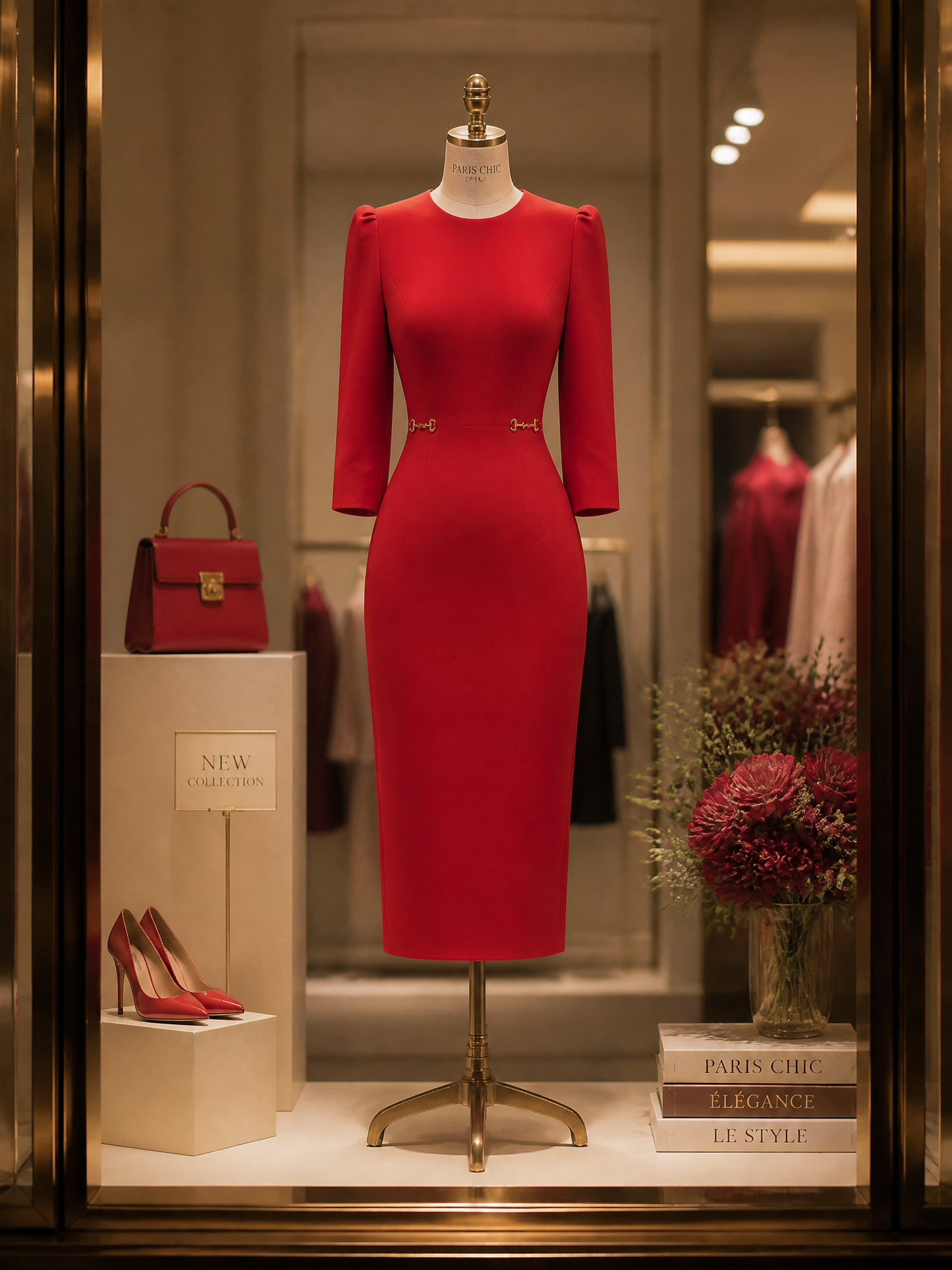 Vintage Red Horsebit-Waist Bodycon Pencil Midi Dress