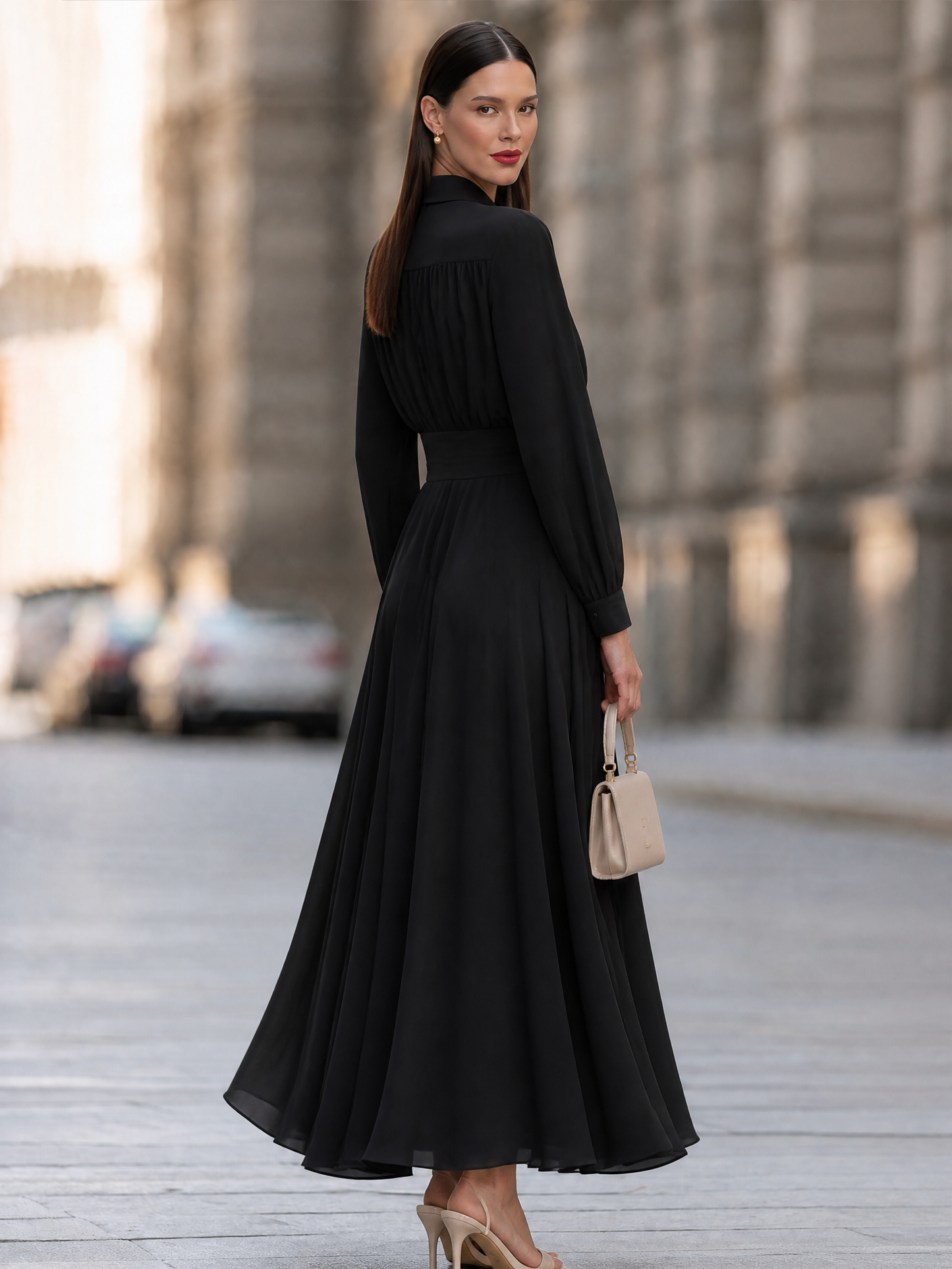 Women's Elegant Long Sleeve Shirt Collar Pleated A-Line Maxi Dress