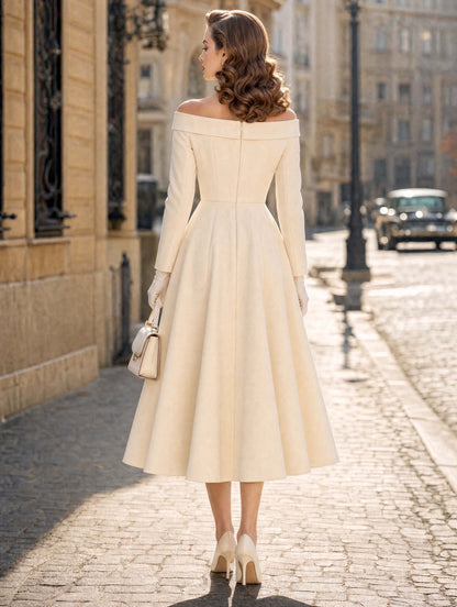 Vintage Double‑Breasted Off‑Shoulder Midi Dress