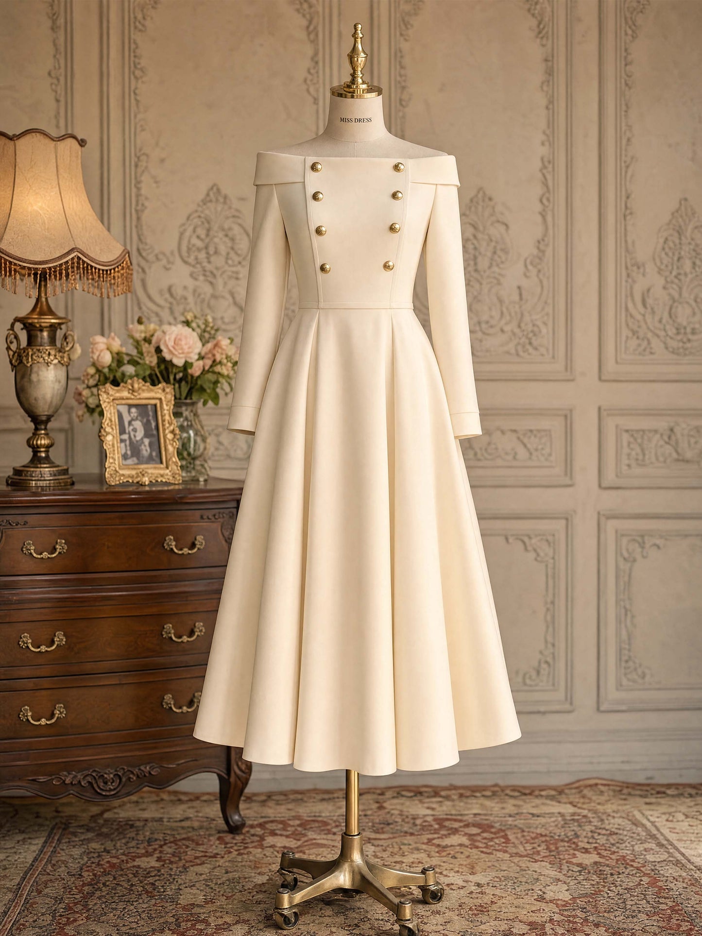 Vintage Double‑Breasted Off‑Shoulder Midi Dress