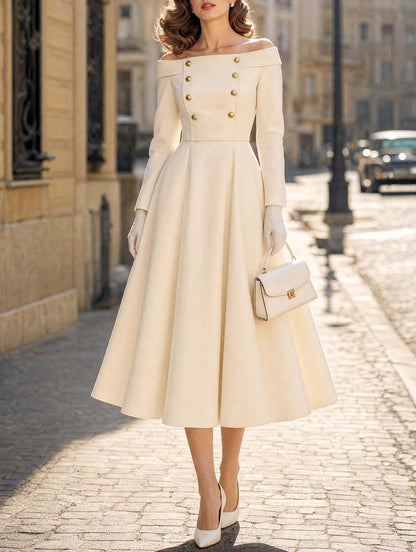 Vintage Double‑Breasted Off‑Shoulder Midi Dress