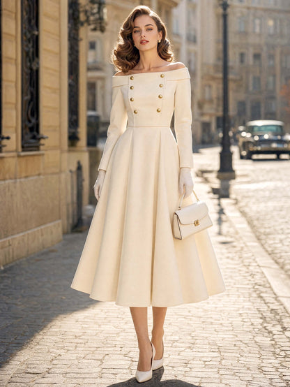 Vintage Double‑Breasted Off‑Shoulder Midi Dress