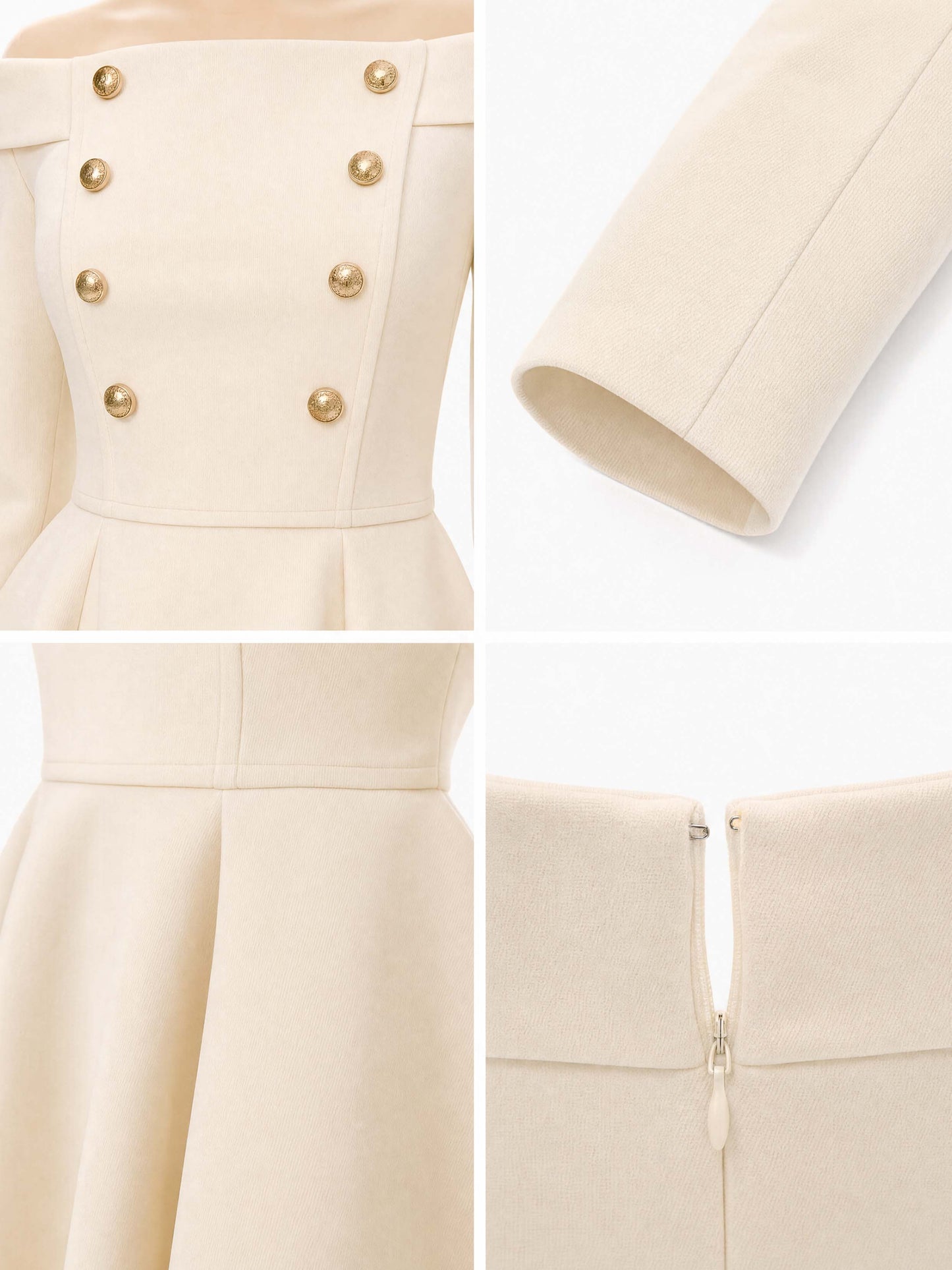 Vintage Double‑Breasted Off‑Shoulder Midi Dress