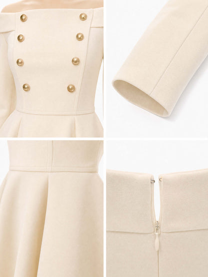 Vintage Double‑Breasted Off‑Shoulder Midi Dress