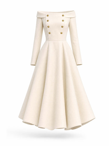 Vintage Double‑Breasted Off‑Shoulder Midi Dress