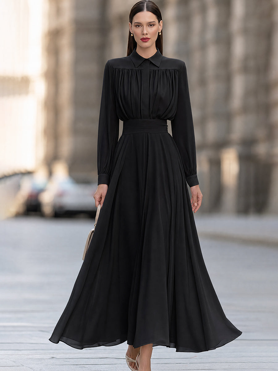 Women's Elegant Long Sleeve Shirt Collar Pleated A-Line Maxi Dress