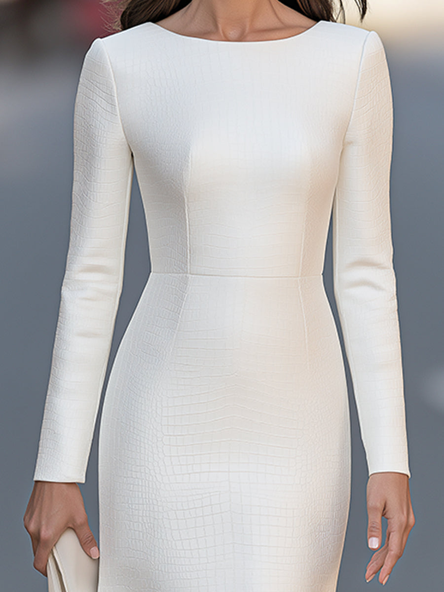 Ivory Crocodile Texture Long Sleeve A-Line Midi Dress