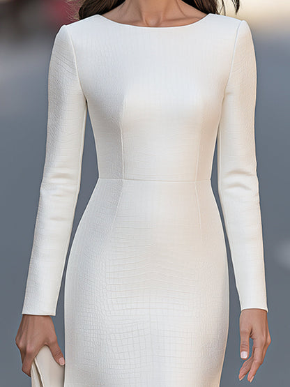 Ivory Crocodile Texture Long Sleeve A-Line Midi Dress