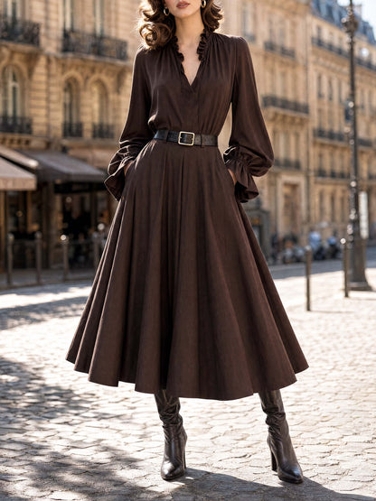 Vintage Ruffle Trim V‑Neck Flare Long‑Sleeve Midi Dress