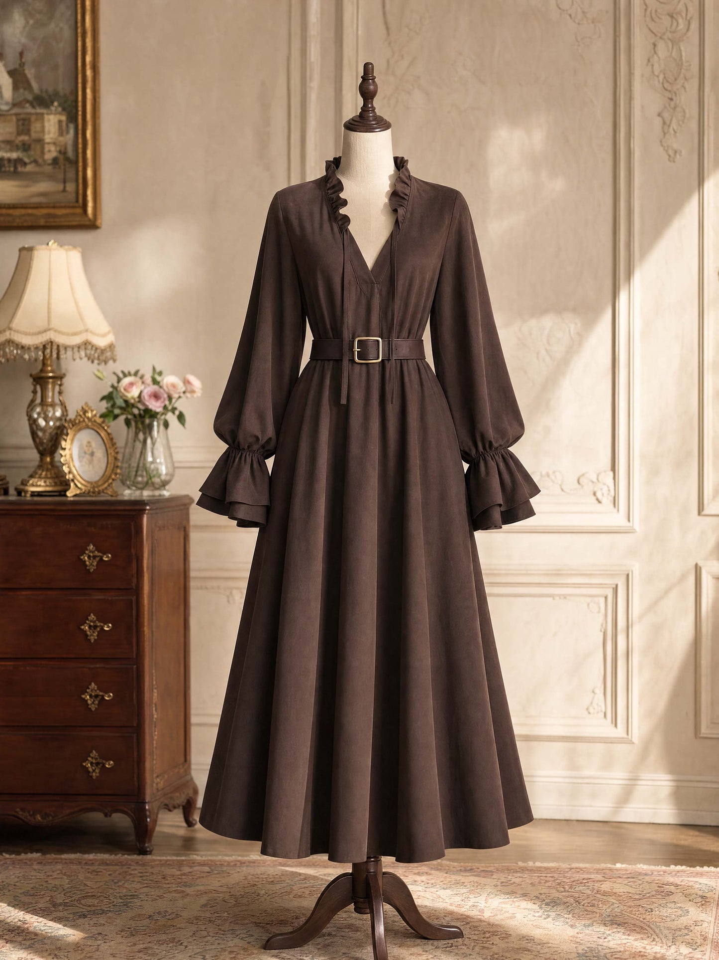 Vintage Ruffle Trim V‑Neck Flare Long‑Sleeve Midi Dress