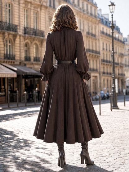 Vintage Ruffle Trim V‑Neck Flare Long‑Sleeve Midi Dress