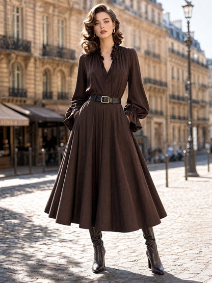 Vintage Ruffle Trim V‑Neck Flare Long‑Sleeve Midi Dress