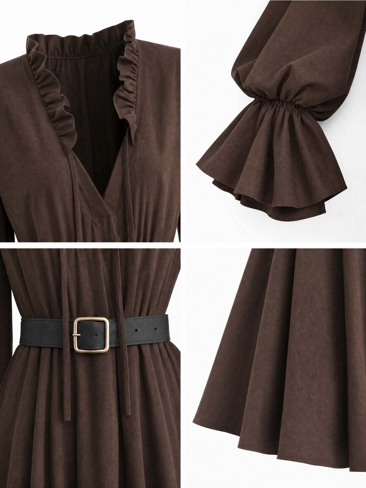 Vintage Ruffle Trim V‑Neck Flare Long‑Sleeve Midi Dress