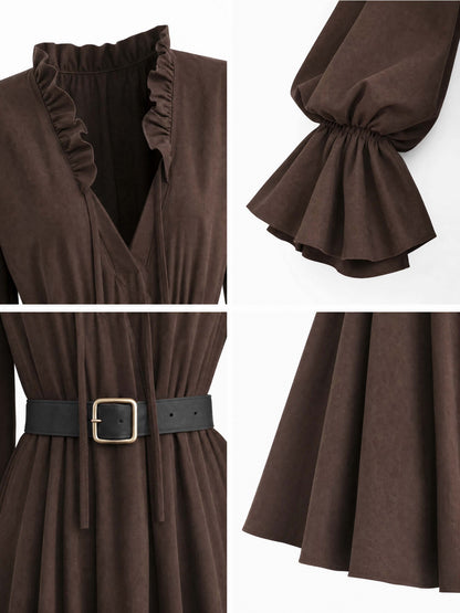 Vintage Ruffle Trim V‑Neck Flare Long‑Sleeve Midi Dress
