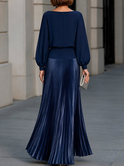 Pleated Satin Long Sleeve Flowing Maxi Dress