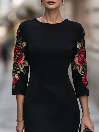 Floral Embroidery Sleeve Sheath Midi Dress