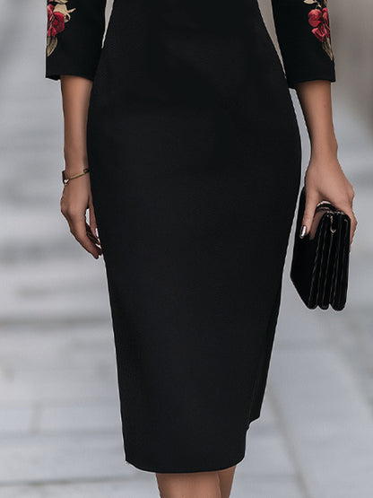 Floral Embroidery Sleeve Sheath Midi Dress
