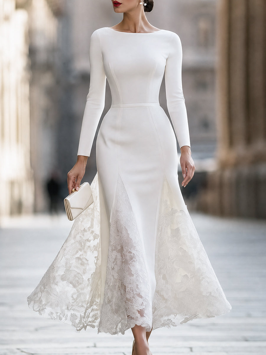 Elegant Long Sleeve Lace Splicing Mermaid Maxi Dress