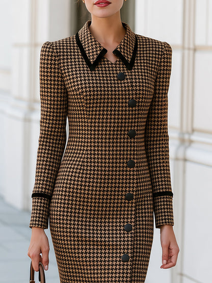 Houndstooth Tweed Midi Dress With Black Velvet Collar Trim For Office & Wedding Guest Occasions