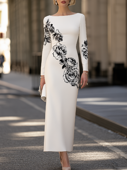 Women's Rose Floral Print Long Sleeve Bateau Neck Bodycon Maxi Dress