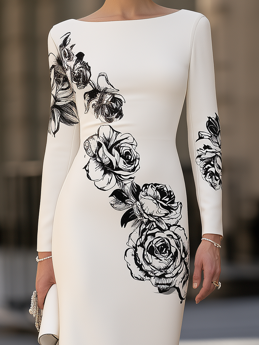 Women's Rose Floral Print Long Sleeve Bateau Neck Bodycon Maxi Dress