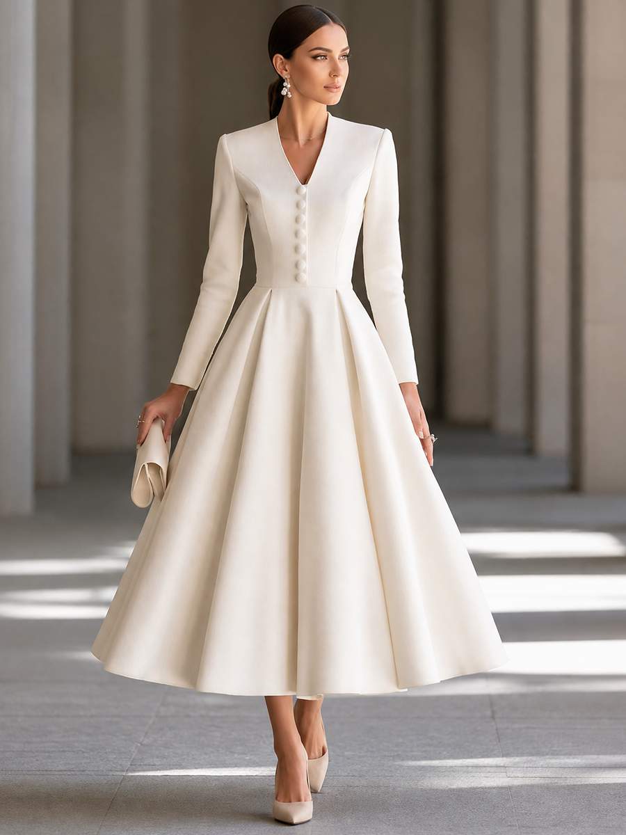 V-Neck Button-Front Maxi Dress With Full Skirt