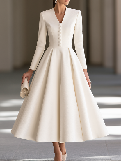 V-Neck Button-Front Maxi Dress With Full Skirt