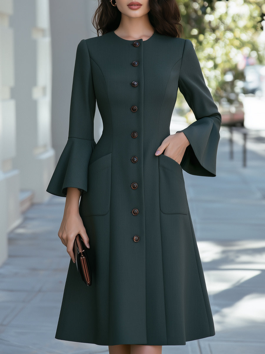 Button-Front Flared Sleeve Patch Pockets Midi Dress