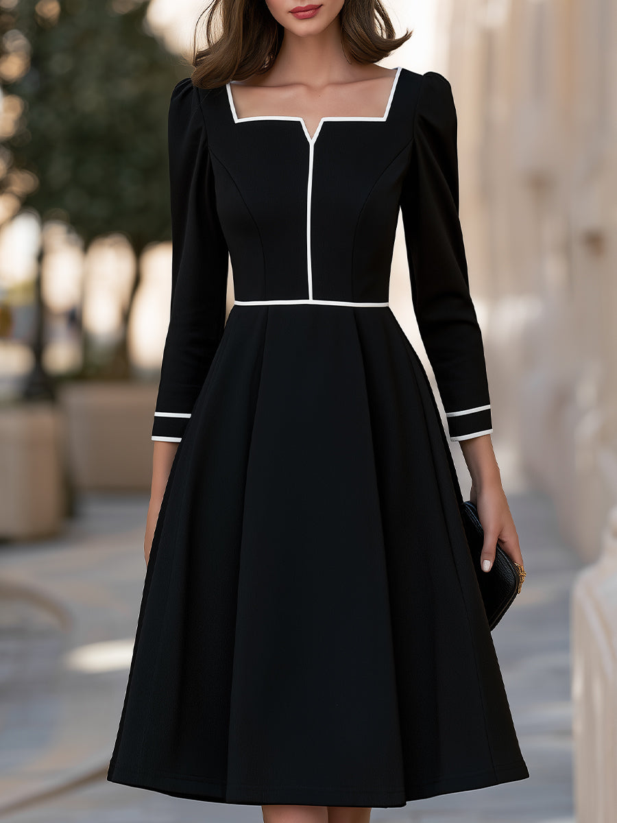Contrast Trim Square Neck A-Line Midi Dress