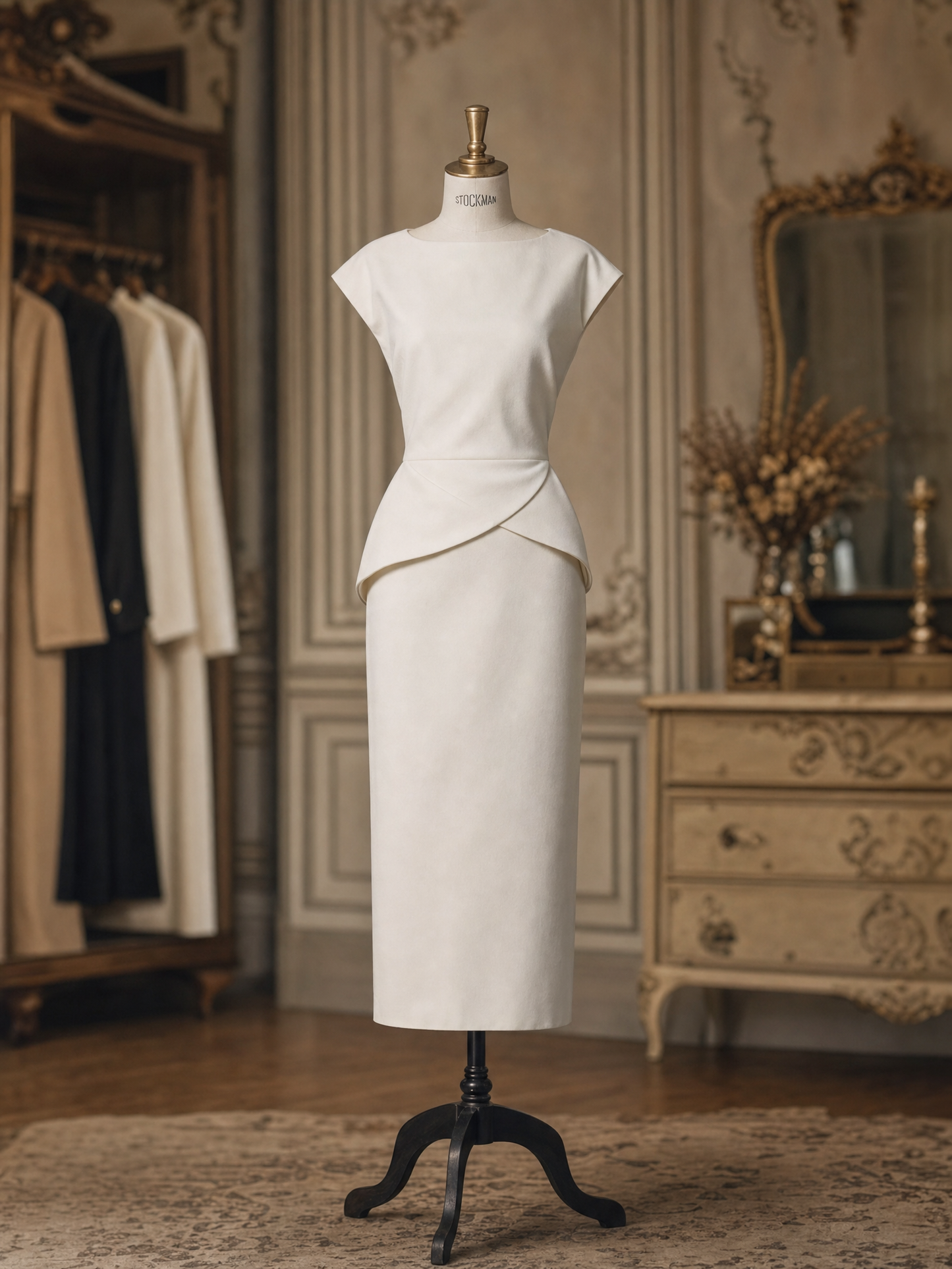 Vintage Minimal French Peplum Slim Commuter Cocktail Midi Dress