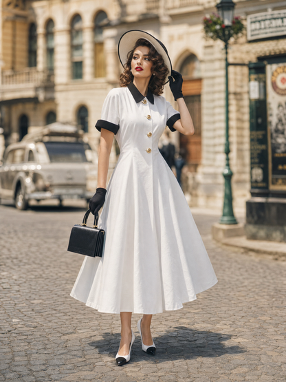 Vintage Slim Contrast Collar Waisted Flared Midi Dress