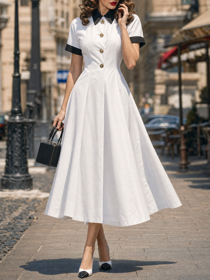 Vintage Slim Contrast Collar Waisted Flared Midi Dress