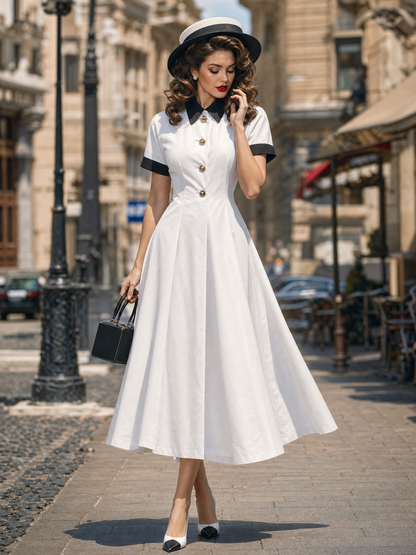 Vintage Slim Contrast Collar Waisted Flared Midi Dress