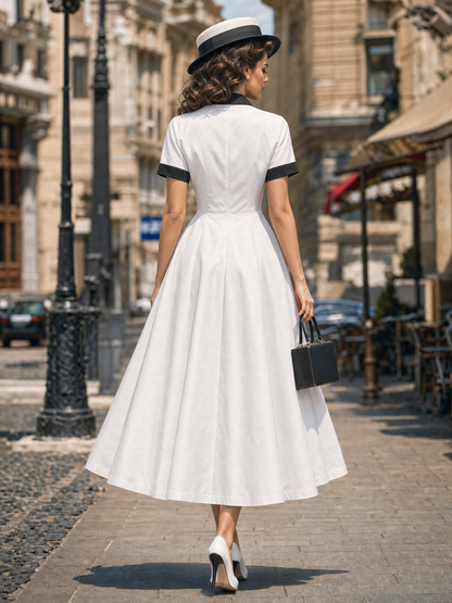 Vintage Slim Contrast Collar Waisted Flared Midi Dress