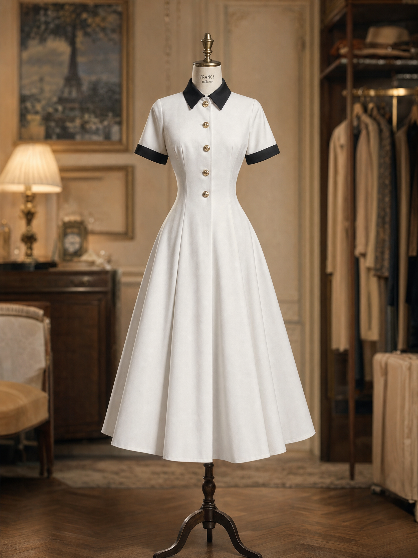 Vintage Slim Contrast Collar Waisted Flared Midi Dress