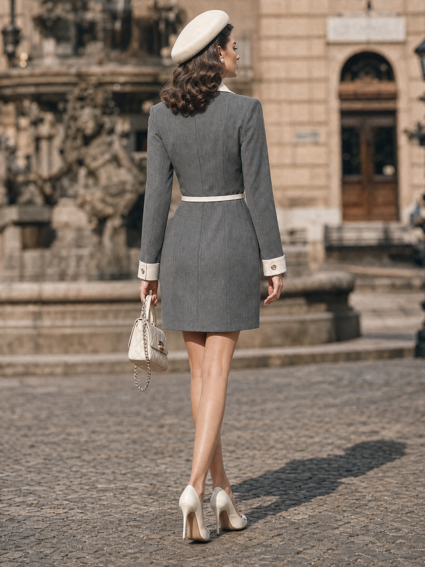 Vintage Elegant Minimal Contrast Belted Blazer Mini Dress