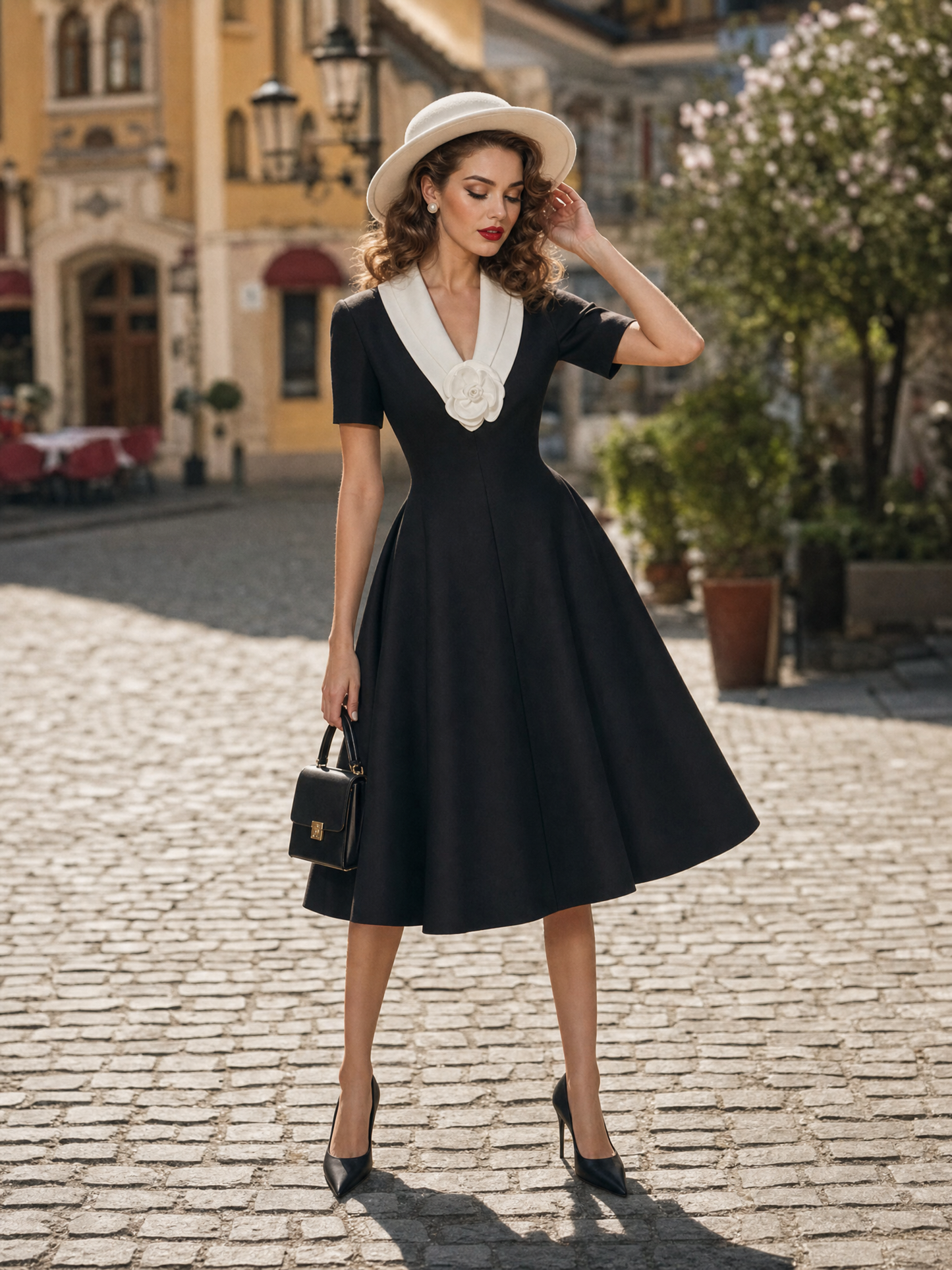 Vintage Black-White Contrast Collar Camellia Flared Commuter Midi Dress