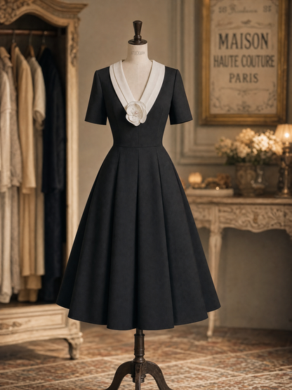 Vintage Black-White Contrast Collar Camellia Flared Commuter Midi Dress