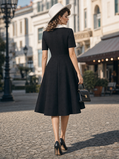 Vintage Black-White Contrast Collar Camellia Flared Commuter Midi Dress